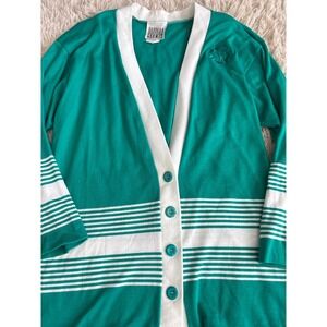 Barbara Gerwit Green White Striped Nautical Crest Cardigan Sweater Womens Medium